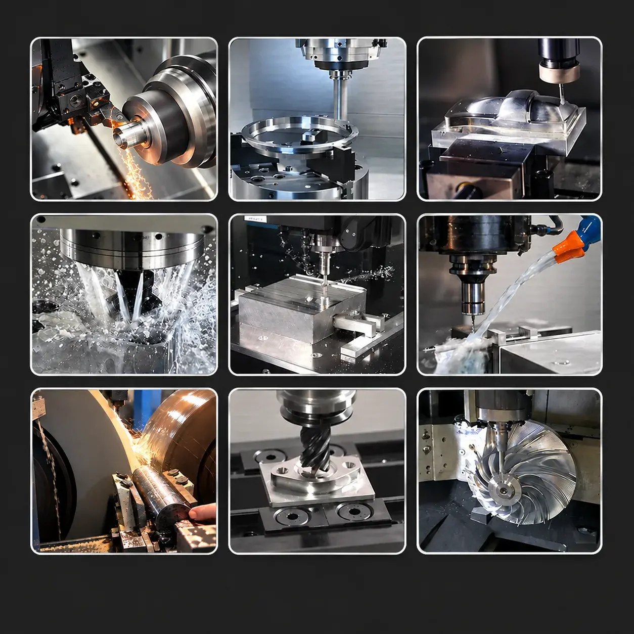 Collage of CNC turning, milling, grinding and impeller machining operations