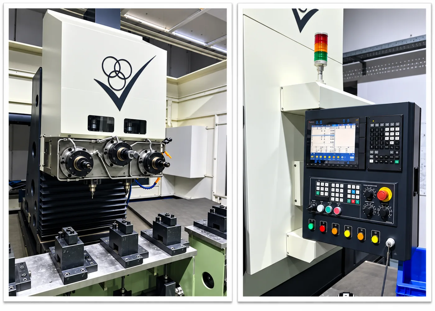 Multi-spindle head above multi-station fixtures, and the CNC control panel of a DPS special purpose machine