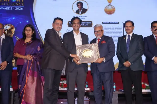Export Excellence Award 2026 presented to Distinct Productivity Solutions Pvt. Ltd. on 12th August 2026 by Mr. Kamal Bali, President & MD, Volvo India Pvt. Ltd., in the presence of FKCCI President Mrs. Uma Reddy.